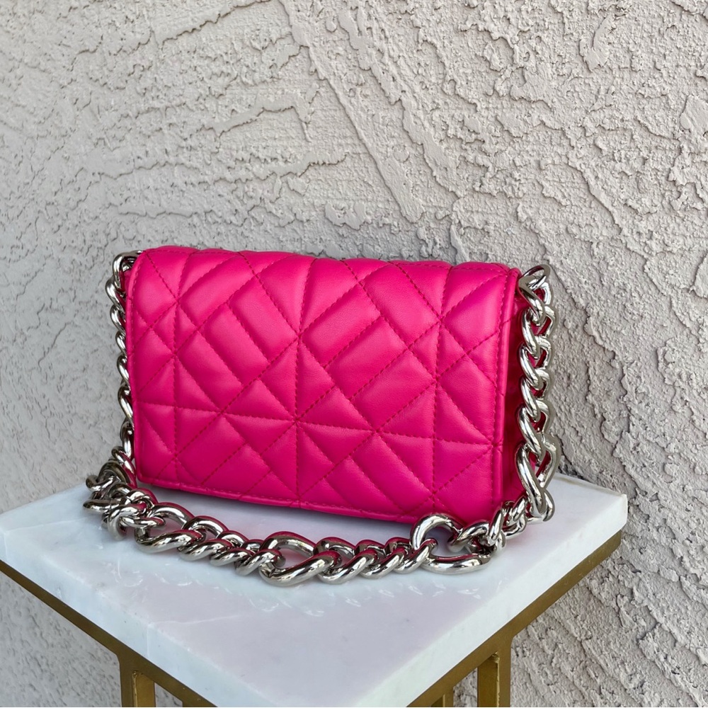 ZARA Hot Pink Fuchsia Faux Leather Quilted Flap Shoulder Bag w/ Chain Strap
